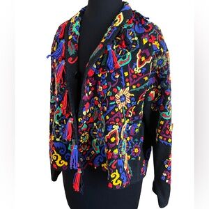 Vintage Michael Simon embroidered multicolored open tassel cardigan size medium